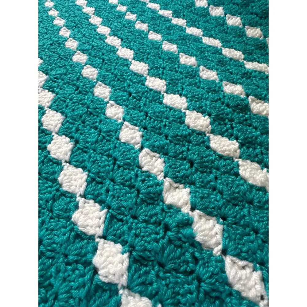 Handmade afghan crochet granny blanket teal turquoise and white stripe scalloped